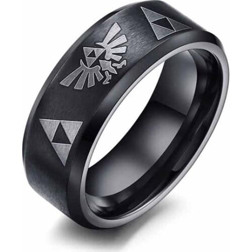 EAMIOR 316 L Stainless Steel Cartoon Anime Party Ring Casual Zelda Sign Triangle for Men Women Black Fashion Accessory Jewelry