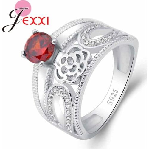 Elegant Jewelry 925 Sterling Silver With Red Cubic Zirconia Women Girls Wedding Party Ring Top Quality Gift Hollow Flower