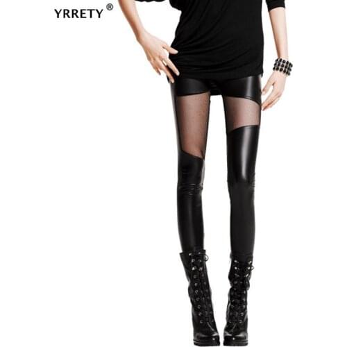 YRRETY Spring Autumn Leather Workout Leggings Warm Cheap Lace Legins Sexy PU Leggins Skinny Stretch Triangle Stitching Pants