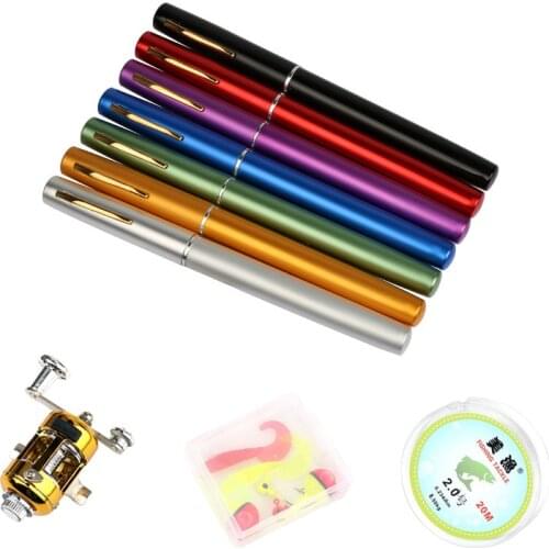 Hot 1M Mini Pen shaped pocket fishing rod Aluminum Alloy Pen Fishing Rod Baitcasting Rods Pole + Fishing Reel Set Combos Pesca