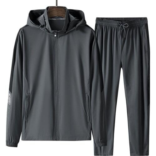 Men Sets 2021 New Sports Suit Mens Two-piece Youth Casual Loose Quick-drying Breathable Jacket Ice Silk Long Pants Pus Size 5XL