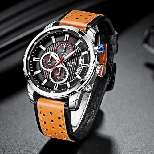 NIBOSI Mens Watches Top Luxury Brand Waterproof Sport Wrist Watch Chronograph Quartz Military Genuine Leather Relogio Masculino