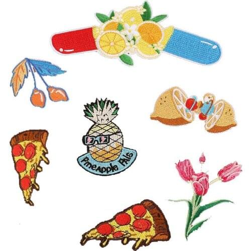 New Lemon Pizza Flower Fruit Pineapple Foods Embroidered Iron on Leopard Patches Hat Bag Garment Cell Phone Appliques Accessory