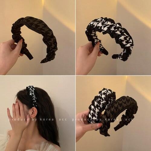 Korean retro houndstooth headband high skull top wide brim headband net celebrity ins Hong Kong style wild face wash headdress
