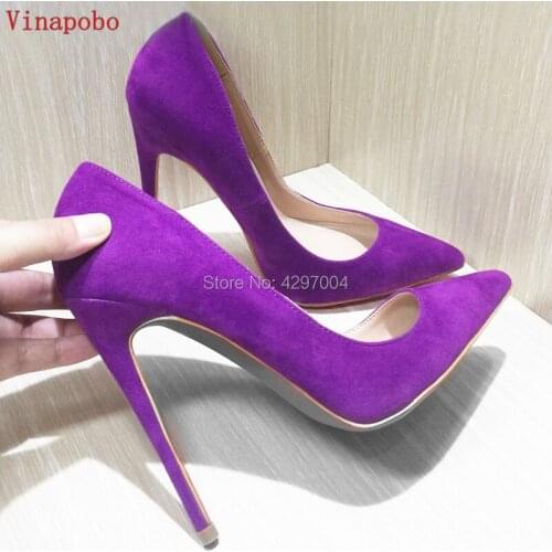 Vinapobo Suede Pointed Toe Stiletto Heels Dress Pumps Shallow Slip-on 12cm Ultra High Heel wedding Shoes Purple Yellow Blue Red