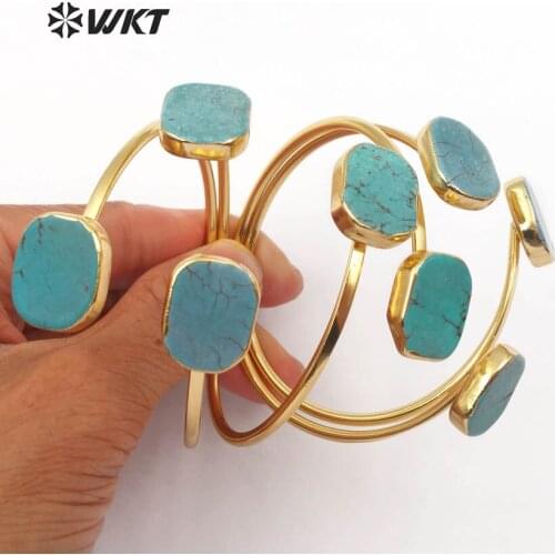 WT-B097 Natural Green Stone In Rectangle Shape Bangle Double Stone With Gold Trim Adjustable Bangle Bohemia Gift For Women