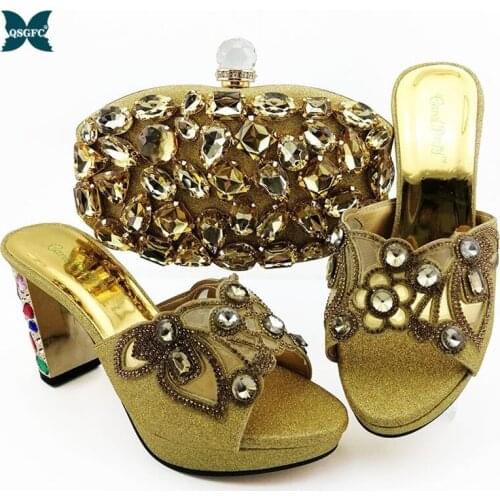 Latest Fashion Style Italian design Womens Shoes and Handbag African Set Sets 2020 Gold Color Ladies Shoes and Handbags