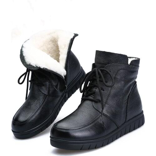 JX825 2019 Women Snow Boots Vintage 100% Genuine Leather Natural Wool Fur Winter Warm Ankle Boots For Women Flat Mother Shoes