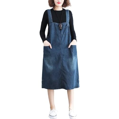 Vintage Denim Strap Dresses Women 2020 Spring Autumn New Loose Jeans Dress Casual Solid color Denim Dress Women Vestidos D3364