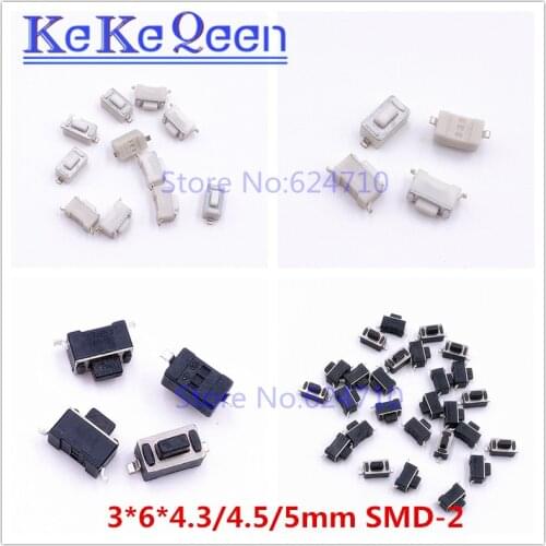 100Pcs SMD 2PIN 3*6*4.3mm 3*6*4.5mm 3*6*5mm Tact Switch 3x6x4.3/4.5/5mm connectors Push button Tactile Switch SMD-2 white black
