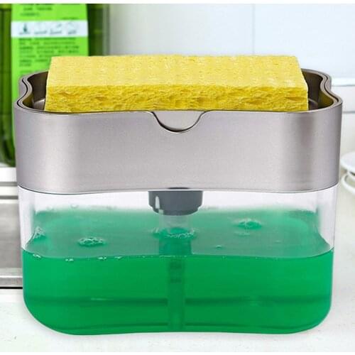 2 in 1 Scrubbing Liquid Detergent Dispenser Container Press-type Liquid Soap Box Pump Organizer with Sponge Kitchen Cleaner Tool