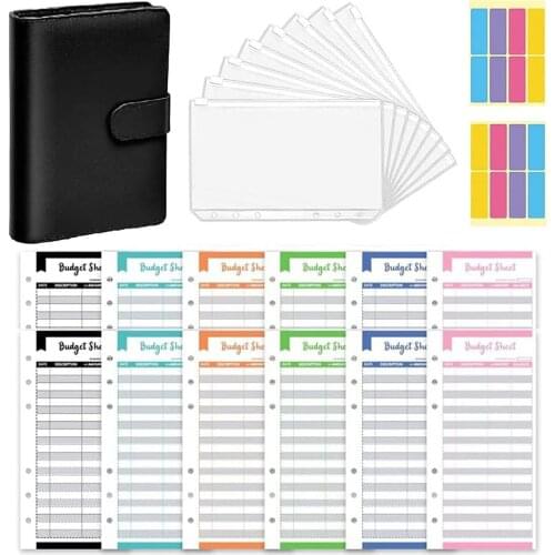 A6 PU Leather Notebook Binder Cash Envelopes for Budgeting with 8 Binder Zipper Pockets,12 Expense Budget Sheets,Colored Labels