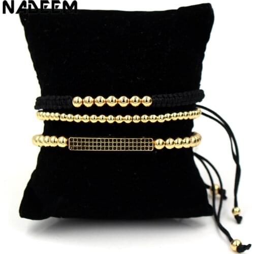 NADEEM Anil Arjandas Brand 3Pcs/Sets Mens Pave Setting Black CZ Bar Bracelet With 5mm Copper Bead Braiding Macrame Bracelet Set
