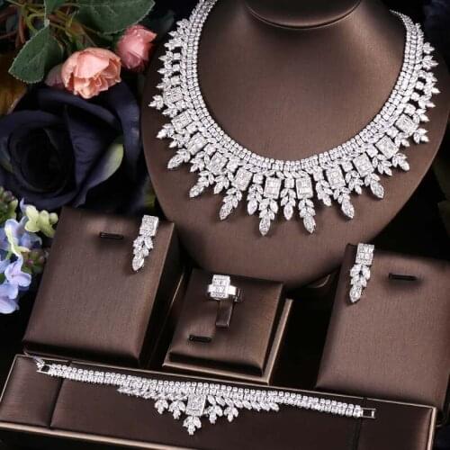 Janekelly 4pcs Bridal Zirconia Full Jewelry Sets For Women Party, Luxury Dubai Nigeria CZ Crystal Wedding Jewelry Sets
