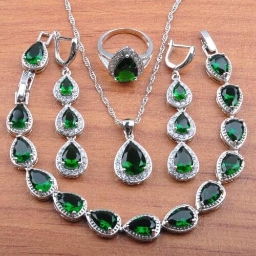 Water Drop Silver Color Natural Green Crystal Jewelry Sets For Women Accessories Earrings Necklace Pendant Rings Bracelet JS181