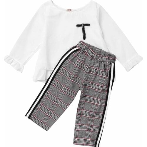 Infant Baby Girl Outfit Cotton Long Sleeve Ruffle Peplum Tops Plaid Stripe Pants 2pcs Toddler Tracksuit Kids Girls Clothing Set