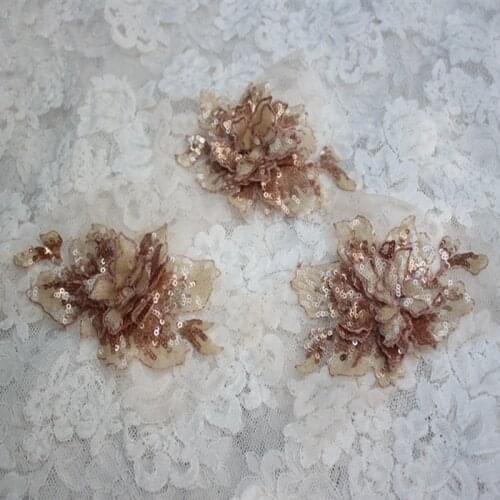 5pcs/lot) Free Shipping Sew-on Champagne 3D Sequined Flower Lace Applique Lace Patch for Garment Decoration