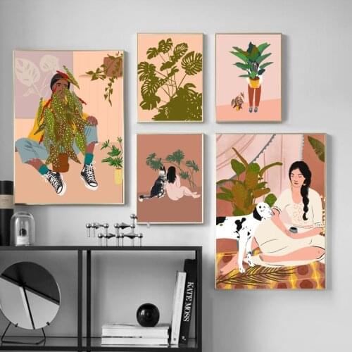 Fashion Sexy Girl Monstera leaves Illustration Art Canvas Painting Nordic Posters And Prints Wall Picture For Living Room Decor
