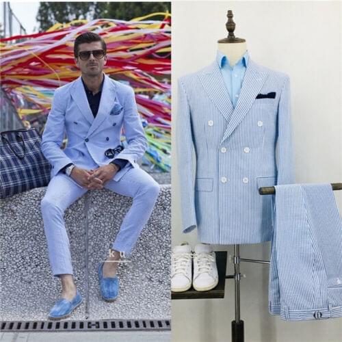 Mens Summer Seersucker Suits Leisure Beach Groom Wedding Double-breasted Suits Business Suit Party Suit Groom Wear 2Pieces