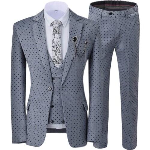 Costume Homme 3 Pieces Dots Printed Men Wedding Suits Double Breasted Vest Slim Fit Notch Lapel Tuxedos Tailcoat Best Men Blazer