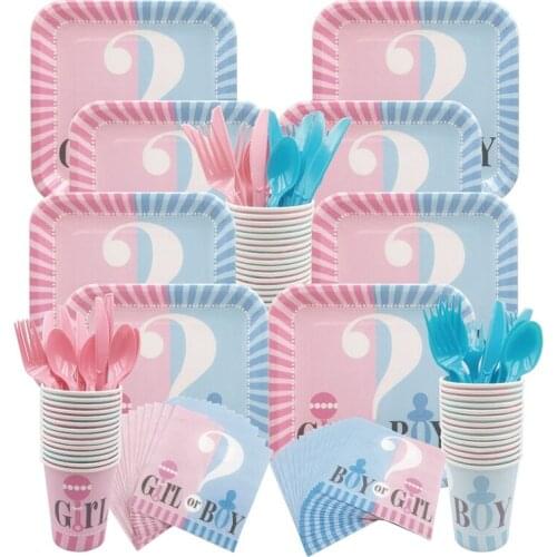Gender Reveal Disposable Tableware Set Baby Shower Boy Or Girl Plate Napkin Tablecloth Gender Reveal Party Decorations Supplies