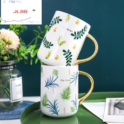 Nordic Green Eucalyptus Coffee Mug with Glod Handle Plant Breakfast Milk Cup Creative Birthday Gifts 450ml