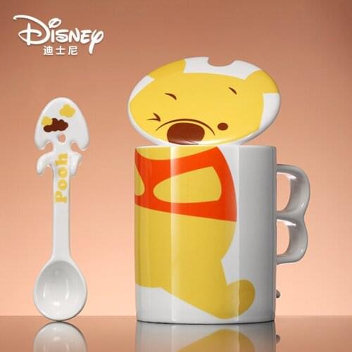 Genuine Disney Mug Winnie the Pooh Water Cup Cartoon Ceramic Cup with Lid and Spoon Cute Milk Coffee Cup Childrens Cup