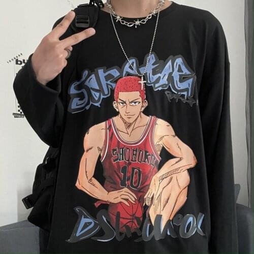 Harajuku Autumn Trend Ins Korean Retro Wild T-shirt Hand-painted Anime Cartoon Printing Long-sleeved T-shirt Men Women Tops Tees