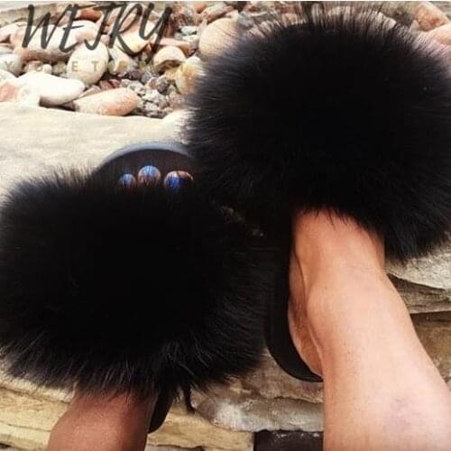 Women Summer Slippers Flat Fox Fur Slippers Nature Real Fur Beach Slippers Flat Slides Beach Sandals Lady Plush Furry Slides