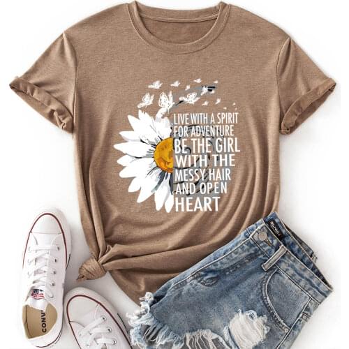 Woman Short Sleeve Colored Graphic Tees Summer T-Shirt Tops Shirts for Women Live with A Spirit for Adventure Sunflower