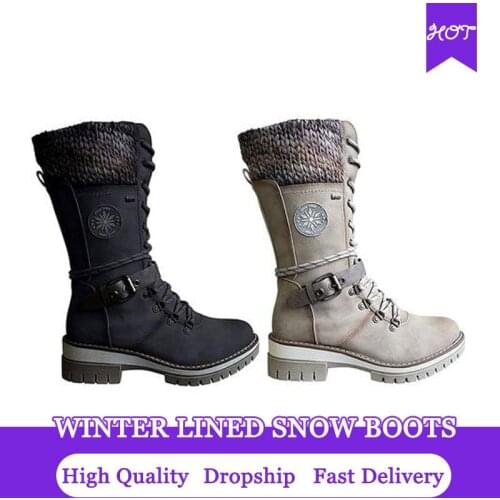 Womens Winter Shoes Mid Height Leather Boots Waterproof Warm Winter Lined Snow Boots With Side Zipper