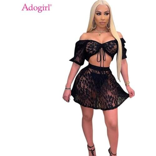 Adogirl Women Sexy Lace Two Piece Dress Set See Through Off Shoulder Half Sleeve Drawstring Crop Top A Line Mini Skirt Club Suit