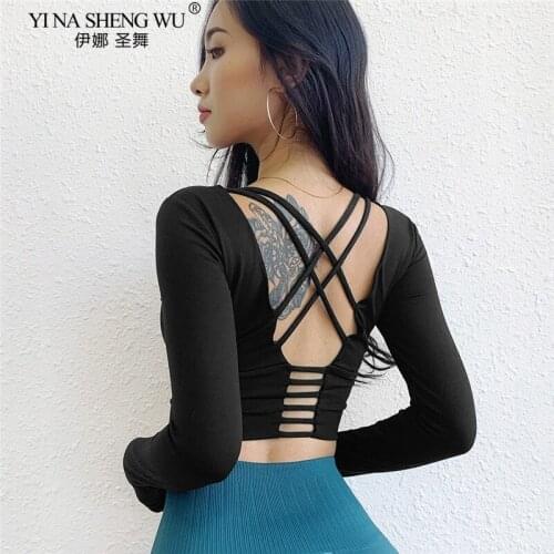 Women Crop Yoga Top Gym Sports Running Exercise Workout Backless Sweat T-shirt Fitness Tshirt Long Sleeve Tee Shirt Sportswear