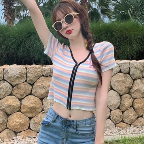 Women Crop Tops Rainbow Striped Tee Sexy V-neck Short Sleeved Knit T-shirt Zipper Cardigan With Butterfly Applique
