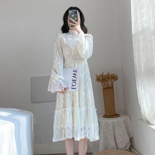 VERHELLEN White Lace Dress 2020 Spring Women Flare Sleeve Stand Collar Party Cute Slim Elegant Fairy Long Dresses Runway Vestido