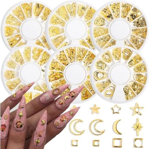 12 Grids Gold Moon Star Nail Rivets Stud Metal Frame Geometry Shell Mixed 3D DIY Nail Art Tips Decorations Manicure Jewelry