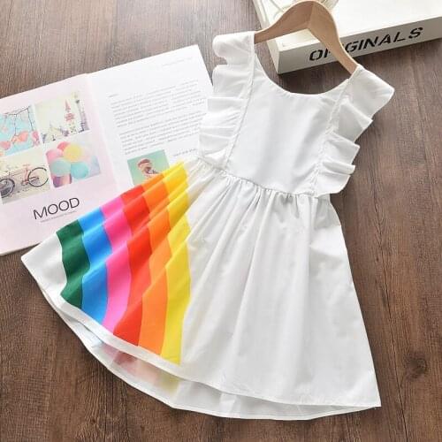 27Kids Girls Halter With Bow Dress Summer Rainbow pattern Sleeveless Dress Clothes Skirt Cute and Breathable 2-7Years