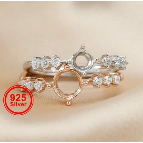 5-7MM rose gold silver round Gems CZ stone prong bezel solid 925 sterling silver adjustable ring settings 1210030