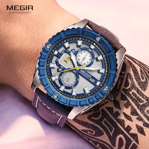 MEGIR Blue Leather Strap Watches for Men Fashion Casual Chronograph Wristwatch Luminous Quartz Watch Часы мужские Relogio Reloj