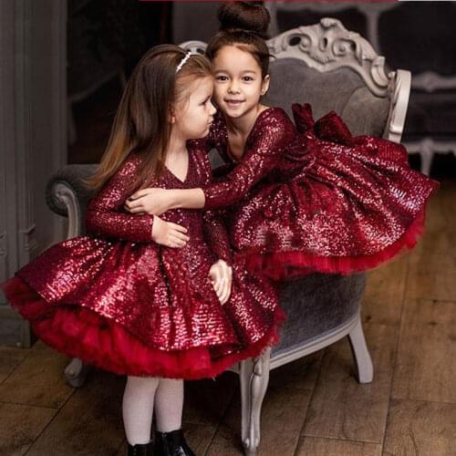 Flower Girl Dress Puffy Long Sleeve Sequined Kids Birthday Dress Children Party Pageant Gowns Size 1-16Y