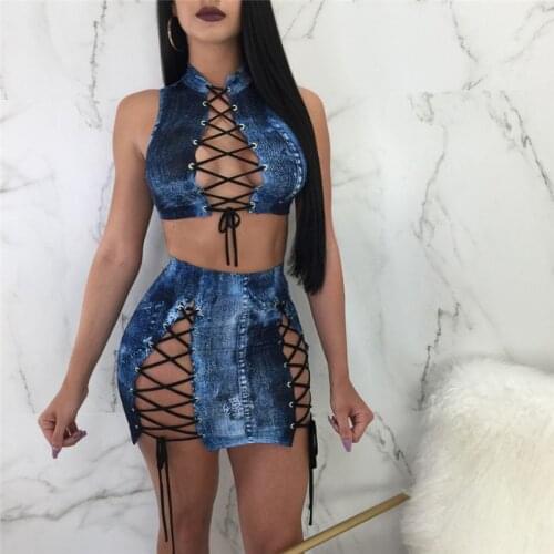 Sexy Lace up Two Piece Sets Women Bodycon Dresses Summer Sleeveless Hollow Out Jeans Crop Top jeans Skirt Set Party Club Outfit