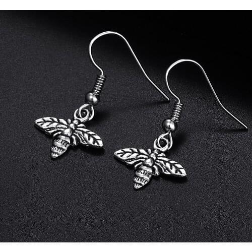 Trendy Vintage Bee Shape Antique Silver Plated Punk Hiphop Rock Style Retro Drop Earrings for Women Girl & Man Party Jewelry