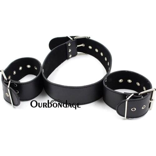 Ourbondage 3 Colors PU Leather Handcuffs BDSM Bondage With Collar Sex Toys For Women