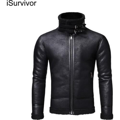ISurvivor 2021 New mens fashion locomotive jacket jacket mens tide winter clothes plus velvet thick lamb short leather jacket