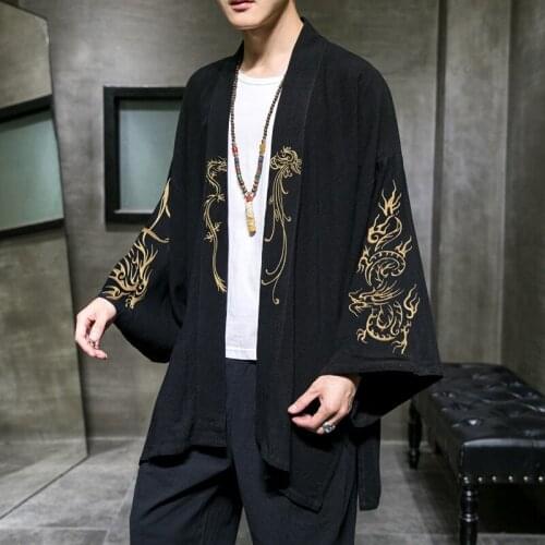 2021 Streetwear Spring and Summer New Chinese Style Hanfu Mens Japanese Embroidery Cardigan Men Kimono Trench Coat Jacket Tops
