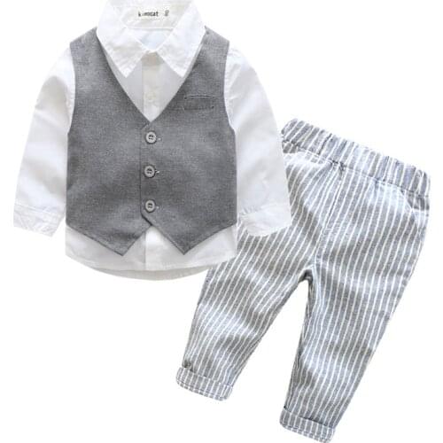 Autumn Spring Baby Clothes Boy Wedding Suit White Shirt + Vest + Striped Pants 3 Pieces 1 2 3 Years Kids Kits Autumn