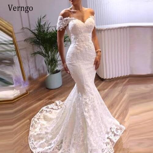 Verngo Off the Shoulder Lace Mermaid Wedding Dress For Bride With Short Sleeves Sweep Train Elegant Bridal Gown Corset Tied Back