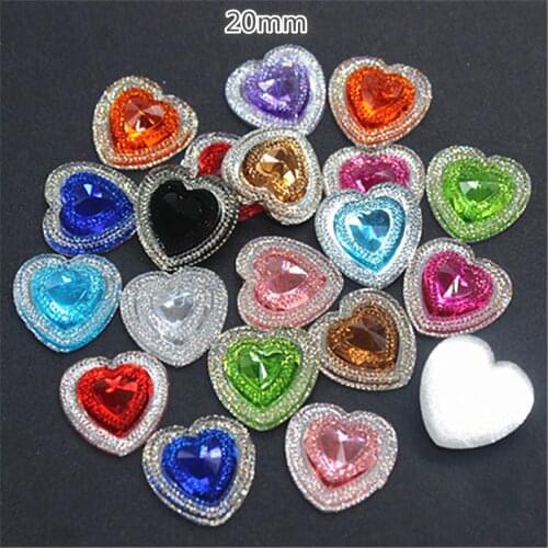 30PCS 20mm Mix Colors Shiny Resin Rhinestone Heart Flatback Cabochon DIY Scrapbooking Phone/Home Garden Decoration