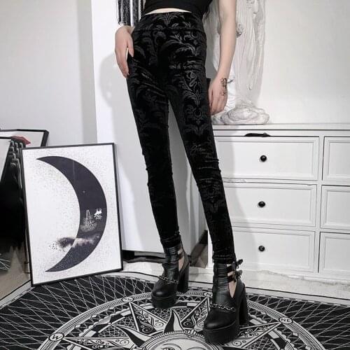 Sexy Black Suede Embossing Long Skinny Legging Goth Indie Big Flower Printed Bottoms 2021 Dark Gothic Slim Fleece Legging Women