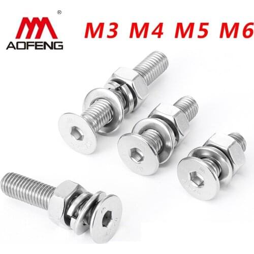 Hexagon Socket Countersunk Head Bolt Nut Washers Set M3 M4 M5 M6 Bolt Set 8 10 12 16 20 25 30 40mm 304 Stainless Steel Screw